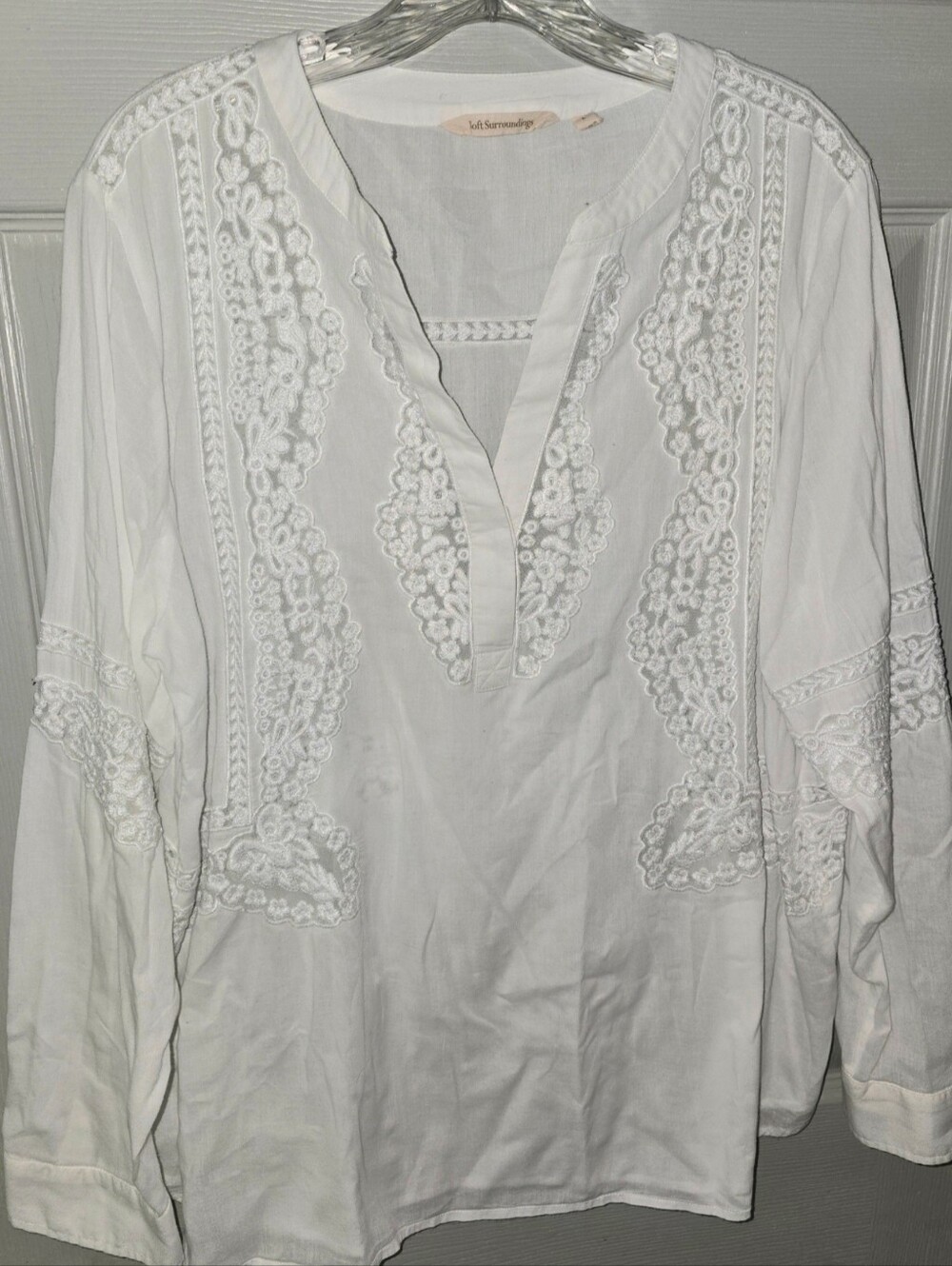 Soft Surroundings White Embroidered Boho Cotton Henley Neck Blouse Women's L